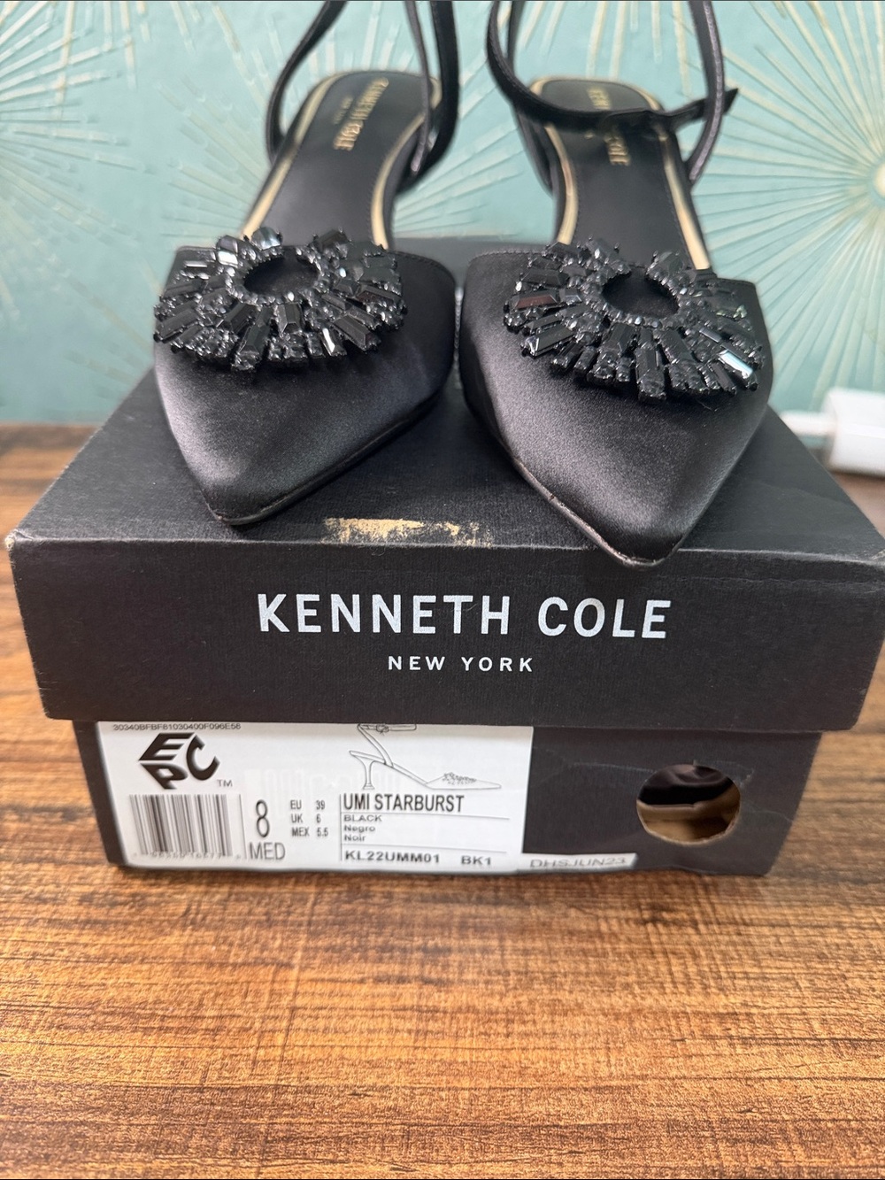 Kenneth Cole Black Satin Pointed Toe Slingback Heels with Jeweled Starburst
